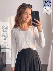 SHEIN Cárdigan de unicolor versátil y de moda sencilla para niña preadolescente - Blanco - Ver 3