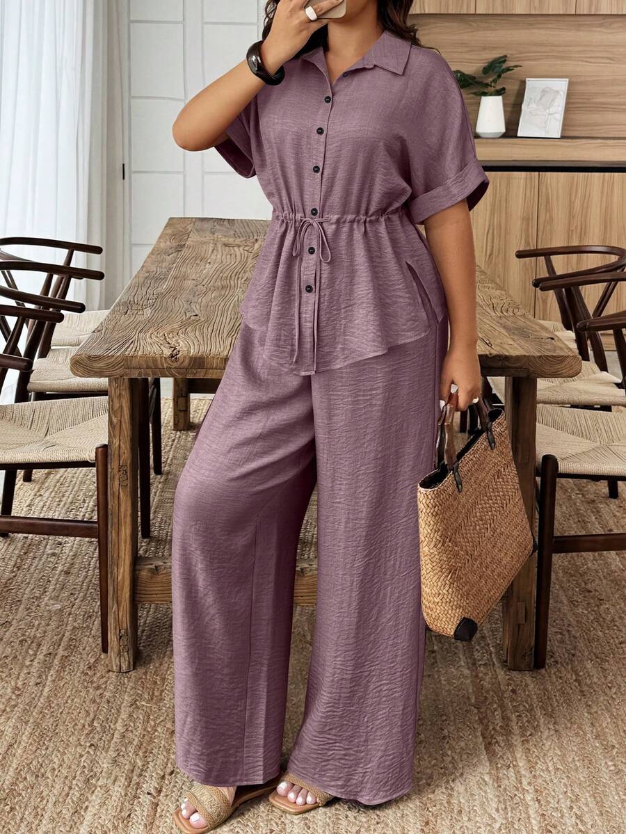 Weeklong Conjunto de 2 piezas de top de manga corta con botones y pantalones de pierna ancha en unicolor para tallas grandes - Morado - Ver 1
