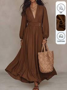 Linhara CURVE Plus Size Women Brown Textured Ruched V-Neck Petal Sleeve Long Casual Elegant Dress Fall - Coffee Brown - View 3