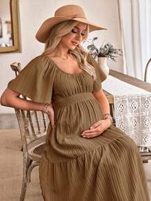 SHEIN Women's Casual Ruffle Sleeve Bow Back Design Maternity A-Line Dress - Brown - View 6