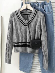 SHEIN 青少年女孩拼色V領休閒日常穿著長袖針織衫 - 淺灰色 - 查看 1