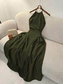 GlowEve Women's Solid Color Halter Neck Cold Shoulder Cinched Waist Side Seam Ruched Backless Wrap Tie Mid-Length Coffee Brown Dress, Elegant French Vintage Formal Office Commute Business Casual Beach Vacation Afternoon Tea Street Style Minimalist Versatile Old Money Australian Home Leisure Bohemian Holiday Party Photo Shoot Spring Summer New - Army Green - View 4