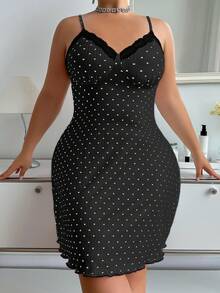 Dream Adore Contrast Color Lace Heart Print Plus Size Spaghetti Strap Nightgown - Black - View 4
