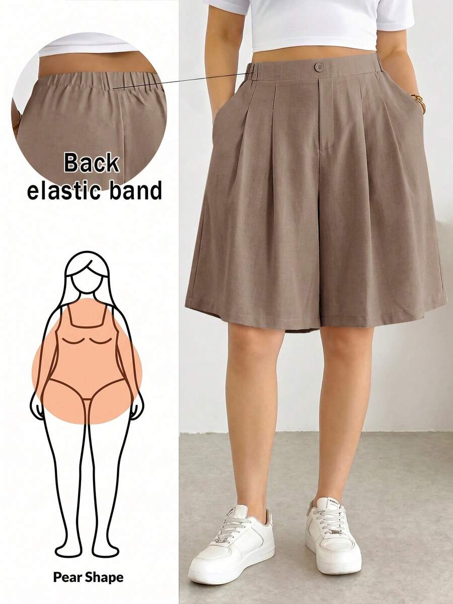 Shapeblank Plus Size Women Solid Color High Waist Pocket Pleated Wide Leg Shorts