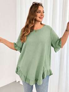 Shapeblank Blusa casual de mujer talla grande de unicolor con cuello redondo, manga corta y bajo con volantes - verde menta - Ver 5