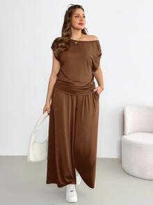 Shapeblank Conjunto de 2 piezas de talla grande con top asimétrico fruncido de unicolor versátil y pantalones holgados con bolsillos - Marrón Mocha - Ver 8