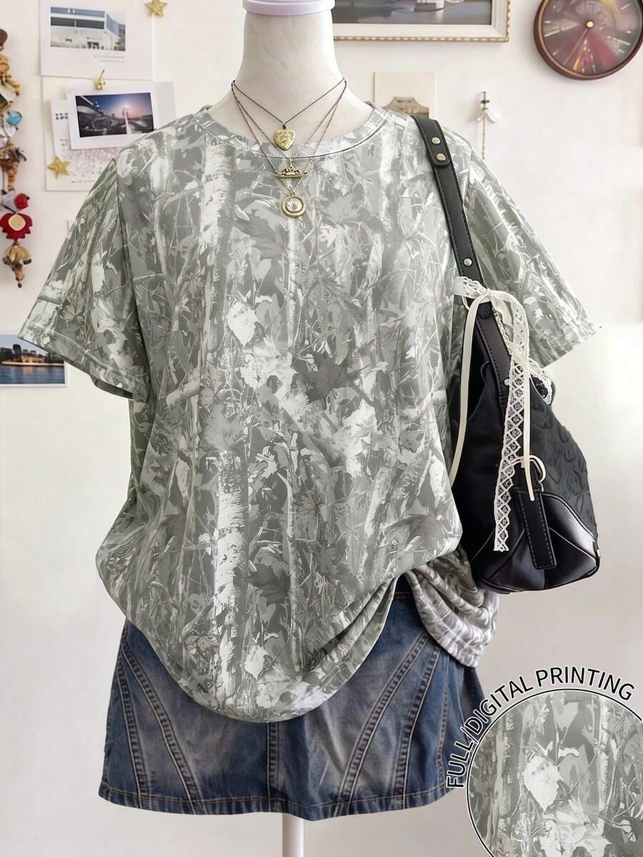 青少年女孩數位印花短袖T恤,春夏休閒舒適時尚風格,百搭夏季穿搭,適合戶外運動、野餐、街拍、居家、校園、度假,送禮佳品,美式復古風女孩款 - 彩色 - 查看 1