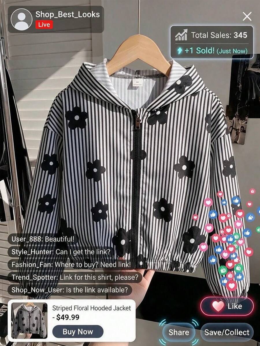 SHEIN Chaqueta con capucha y cremallera de manga larga con estampado floral y rayas para niña preadolescente - Multicolor - Ver 1
