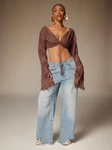 Denimoi Cropped Fringe Bell Sleeve Top Festival Outfits Concert Outfits Vacation Outfits Sexy Tops - Brown - View 3