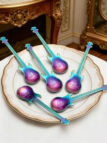 1 pieza Cuchara con forma de guitarra creativa de plata, adecuada para café, té, postres, helado - Utensilio de cocina de acero inoxidable, artículos de cocina, vajilla - Color - Ver 4