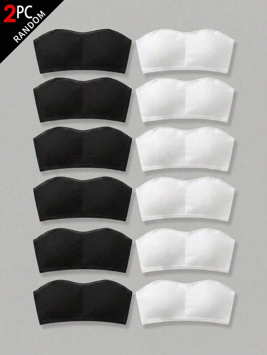 SHEIN Conjunto de 2 piezas de sujetador bandeau acolchado con fruncido, simple y cómodo, para niña preadolescente, negro & blanco, con textura acanalada - Multicolor - Ver 1