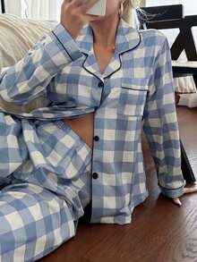 SHEIN 格紋印花長袖長褲翻領睡衣套裝 - 藍色 - 查看 5