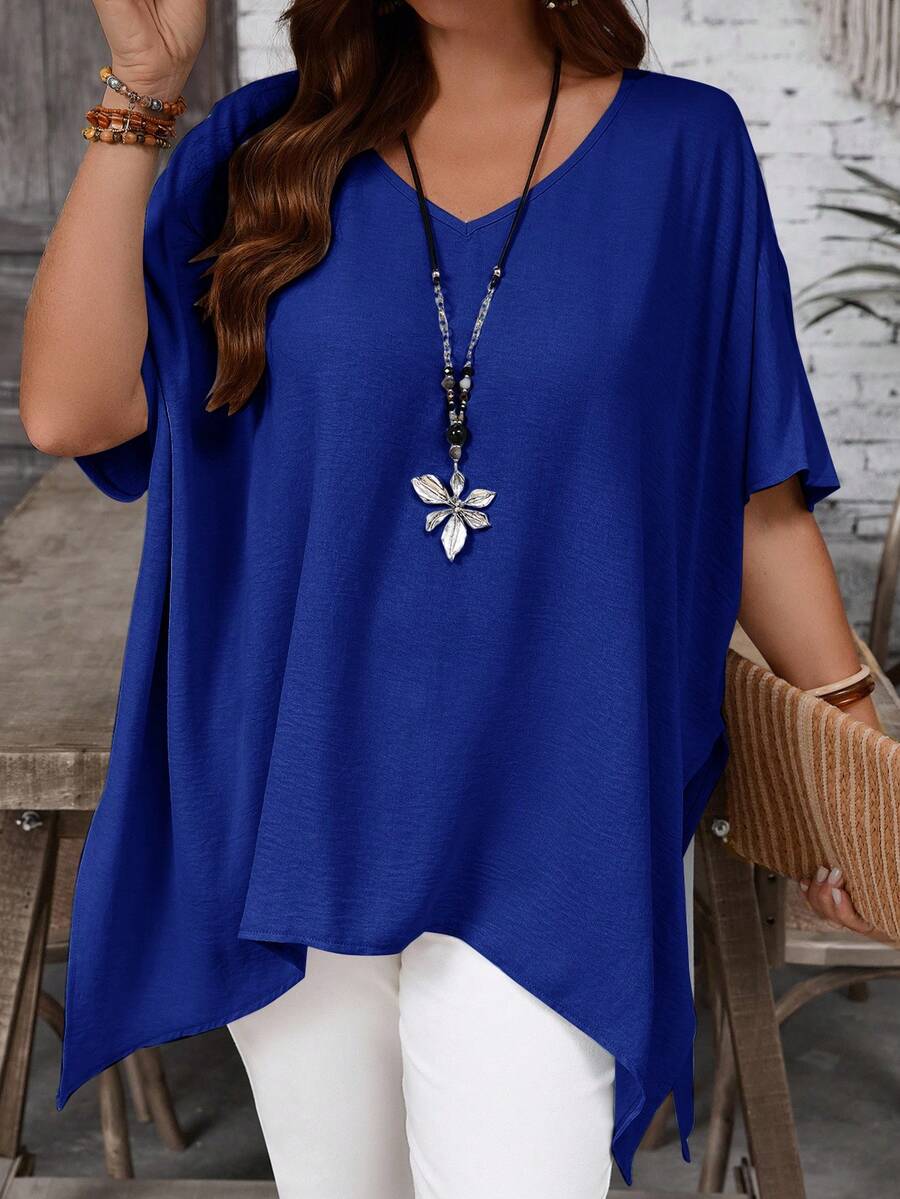 EMERY ROSE Plus Size Women Solid Color Casual Versatile Daily Wear Shirt - Royal Blue - View 1