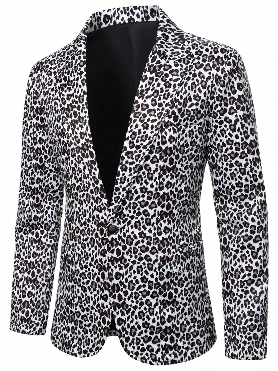 Manfinity Mode 1-Button Leopard Print Men's Long Sleeve Blazer - Black and White - View 1