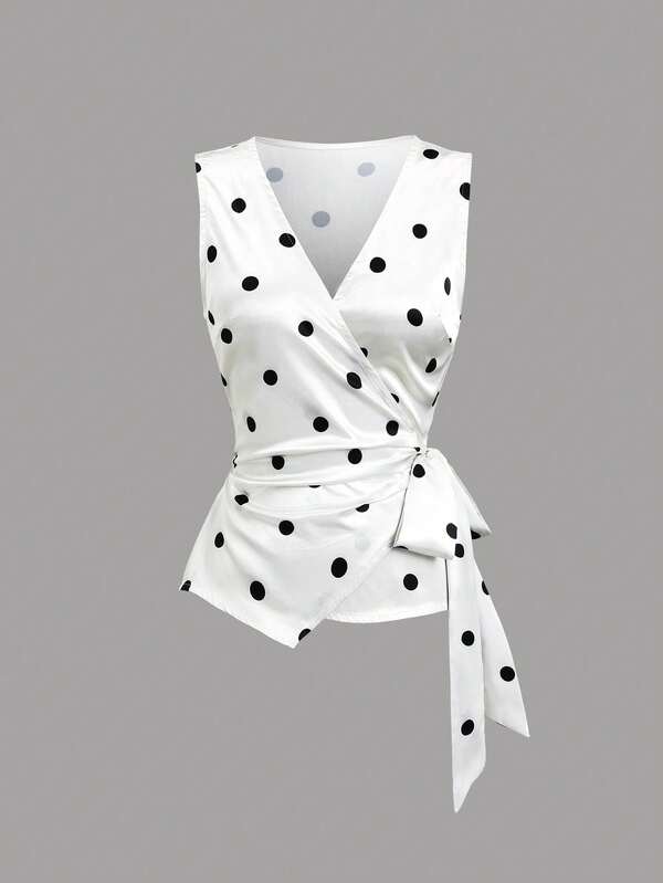 Sweetra Women's White With Black Polka Dot Elegant Casual Minimalist Commute V-Neck Tie Design Sleeveless Tank Top Blouse Short Sleeve