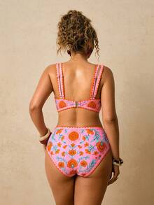 Travachic Plus Size Women's Floral Print Shell Embroidered Tank Top And Triangle Bikini Bottom Swimsuit Set - Multicolor - View 2