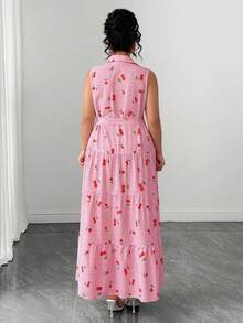 Elenzga elegantes süßes Blumen-Allover-Kirschmuster ärmelloses Hemdkragen einreihiges großes A-Linien-Kleid in Große Größen, schlankmachendes mehrschichtiges Patchwork-Kuchenrock-Design, geeignet für tägliches Pendeln, Ausflüge, Urlaub, Party, Date, Reisen - Pink - Übersicht 2