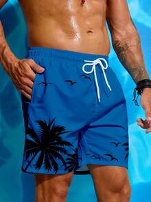 Manfinity KASUA Men's Vacation Palm Tree Print Drawstring Waist Pocket Beach Shorts - Royal Blue - View 3