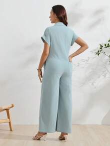 GentleRue Maternity 孕婦純色短袖前開扣休閒哺乳連身褲 - 藍色 - 查看 2