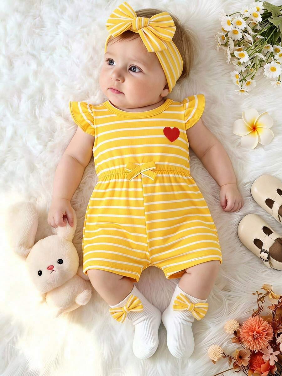 SHEIN Baby Girls' Casual Striped Heart Romper, Spring/Summer - Yellow - View 1