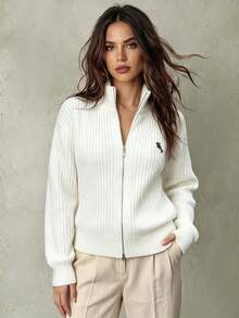 Franclia Women's Basic Minimalist Fashion Embroidered Collar Sweater, Stylish Cardigan - White - View 1
