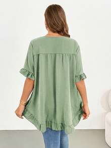 Shapeblank Blusa casual de mujer talla grande de unicolor con cuello redondo, manga corta y bajo con volantes - verde menta - Ver 3