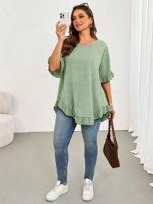 Shapeblank Blusa casual de mujer talla grande de unicolor con cuello redondo, manga corta y bajo con volantes - verde menta - Ver 6