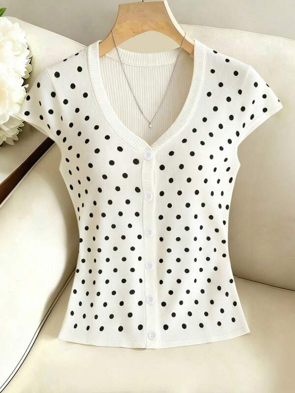 GlowEve Blus Wanita Motif Polkadot Gaya Prancis, Kancing Tunggal