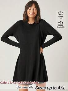 SHEIN BASICS فستان طويل الأكمام بلون موحد كاجوال غربي متعدد الاستخدامات مقاس كبير خريف رسمي عطلة أسود - الأسود - مشاهدة 1