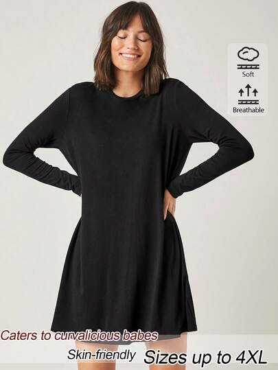 SHEIN BASICS Plus Size Casual Versatile Solid Color Long Sleeve Dress Fall