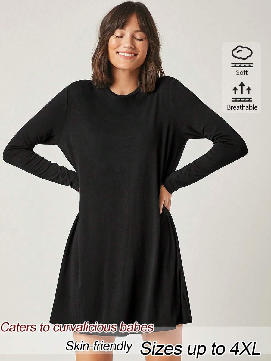 SHEIN BASICS فستان طويل الأكمام بلون موحد كاجوال غربي متعدد الاستخدامات مقاس كبير خريف رسمي عطلة أسود - الأسود - مشاهدة 1