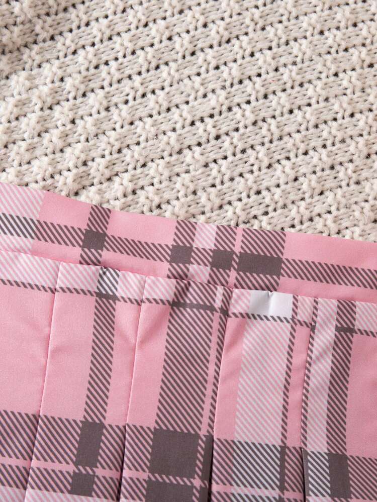 SHEIN Young Girl Pink Plaid Elastic Waist Pleated Skirt, Cute School Style, Autumn/Winter - Multicolor - View 8