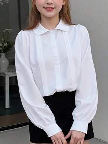 SHEIN 少女早秋白色襯衫，彼得潘領，學院風可愛開學穿搭 - 彩色 - 查看 2