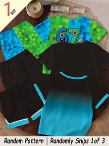 (Random 3 Sets, Send 1 Set) Summer Baby Boy Creative Fresh Gradient Colorful 67 Number Letter Graphic Print Casual Basic Short Sleeve T-Shirt & Shorts Set Back To School - Multicolor - View 2