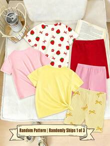(3 Set Acak, Kirim 1 Set) Set Kaos Pendek dan Celana Pendek Biker Motif Lemon, Stroberi, Pita, dan Ceri untuk Semua Musim Semi, Panas, Musim Gugur, dan Musim Dingin untuk Bayi Perempuan, Warna Merah Muda, Kuning, Manis, Imut, dan Cocok untuk Pakaian Sehari-hari - MultiWarna - View 2