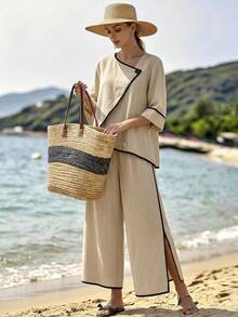 Breezaya Women's Elegant Tropical Vacation Casual Patchwork Beige 2 Pieces Set Beach Vacation Summer - Apricot - View 4