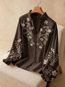 Elaquor 大尺碼花卉刺繡休閒度假襯衫 秋季款 - 咖啡棕 - 查看 2