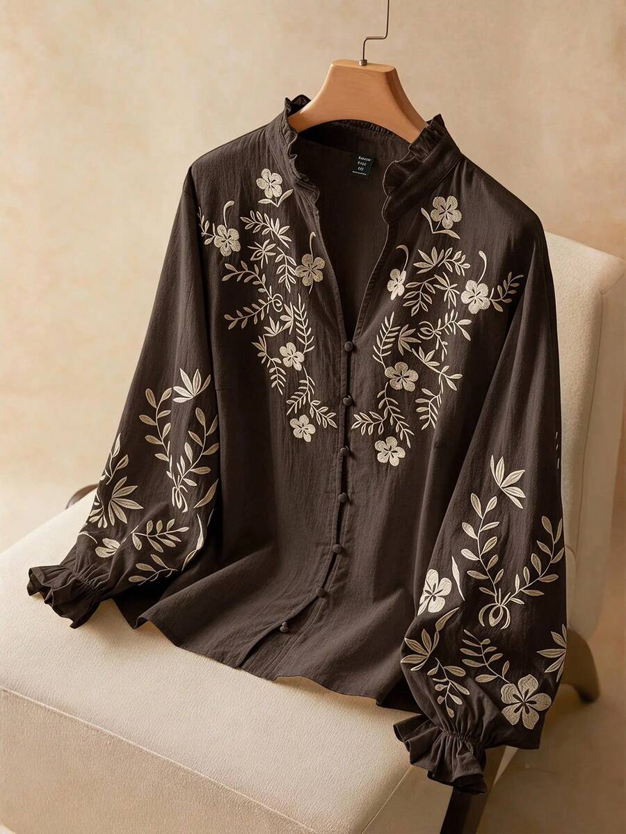 Elaquor 大尺碼花卉刺繡休閒度假襯衫 秋季款