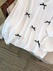 GlowEve CURVE Plus Size Casual V-Neck Argyle Bow Long Sleeve Pullover Sweater - White - View 7