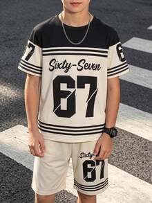 SHEIN 青少年男孩數位印花短袖T恤與短褲休閒日常套裝 - 彩色 - 查看 2