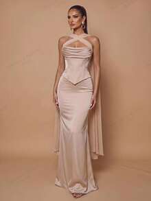 Glamrae Elegant Romantic Queen Cream Satin Strapless Cowl Neck Floor-Length Mermaid Gown Detachable Chiffon Drape Fall Homecoming Graduation Evening Christmas - Apricot - View 2