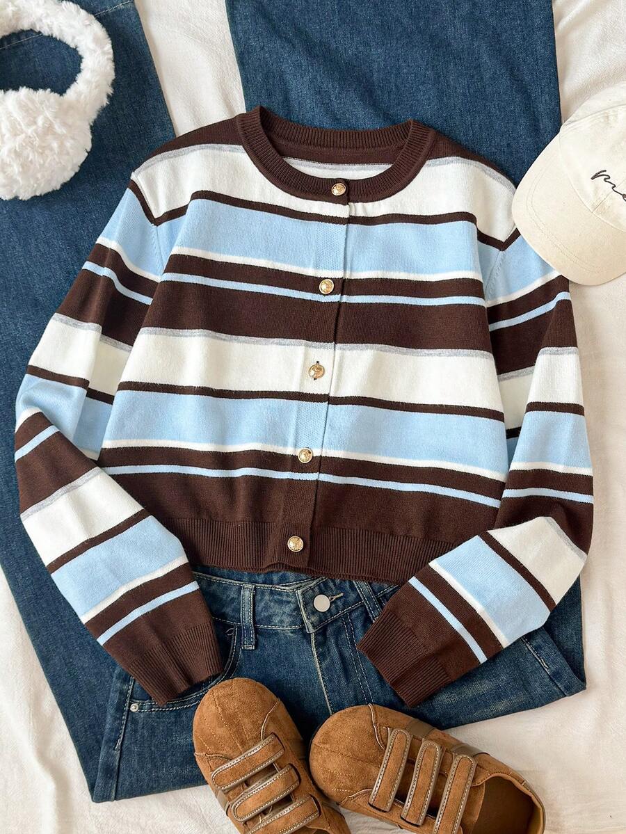 SHEIN Teen Girls Cardigans Autumn/Winter New Striped Slim Fit Preppy Open Front - Multicolor - View 1