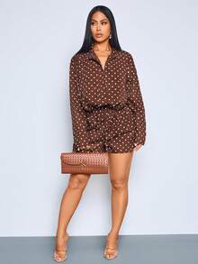 SOLERSUN Women's Chic Retro Polka Dot Long Sleeve Zip Drawstring Jacket & High Waist Shorts Matching Set (Random Floral) - Brown - View 6