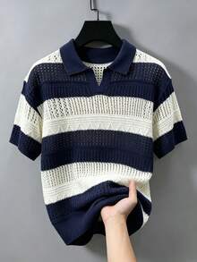 Manfinity LEGND Men's Contrast Color Striped Hollow Knit Top - Navy Blue - View 3