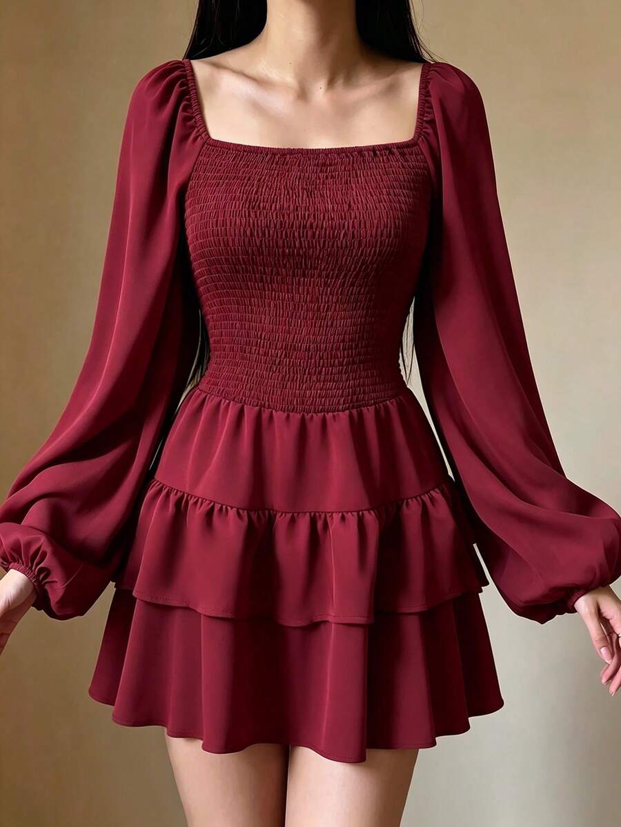 Selianne Wine Red Square Neck Ruffle Layered Pleated Elegant Women's Short Dress - Burgundy - View 1