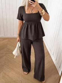 Weeklong Plus Size Women's Spring/Summer Square Neck Ruffle Hem Casual Vacation Set Elegant - Coffee Brown - View 3