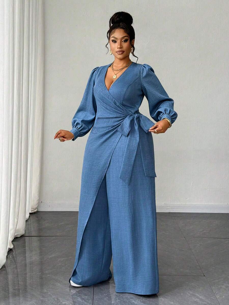 Maweii Plus Size Sexy Lace-Up Wrap Jumpsuit Fall - Blue - View 1