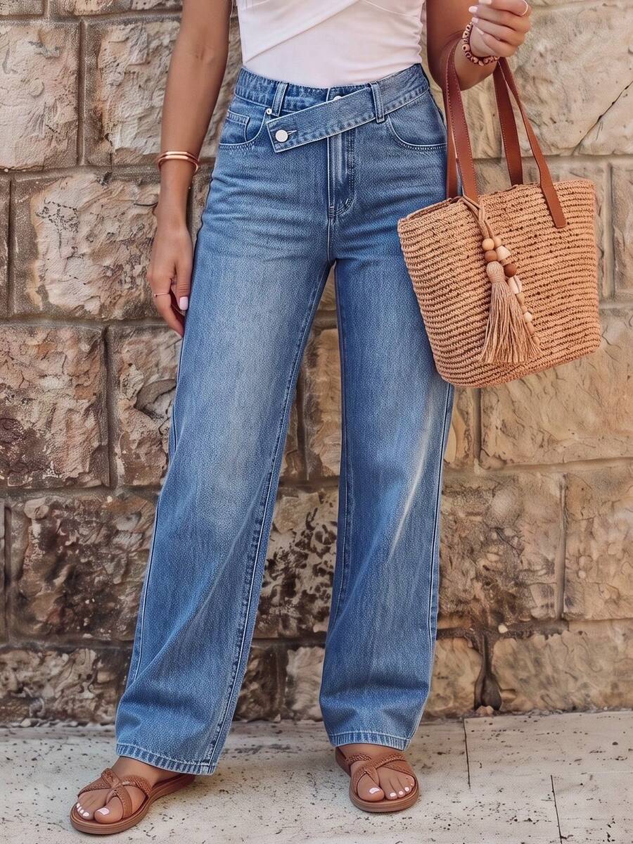 EMERY ROSE Quần Jeans Ống Thẳng Dáng Rộng Thường Ngày Có Túi Eo Bất Đối Xứng Cho Nữ - Rửa trung bình - Xem 1