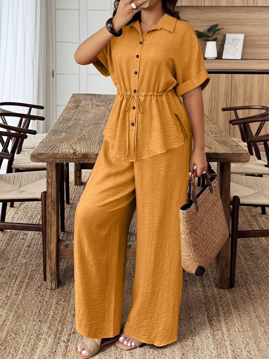 Weeklong Conjunto de 2 piezas de camisa y pantalones de talla grande, unicolor, con cordón en la cintura - Mostaza Amarilla - Ver 1