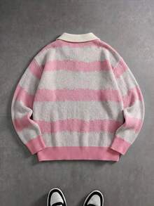 Manfinity Roghcode 秋冬新款男士 Polo 領波浪條紋撞色刺繡百搭半拉鍊套頭針織衫 - 杏色 - 查看 3